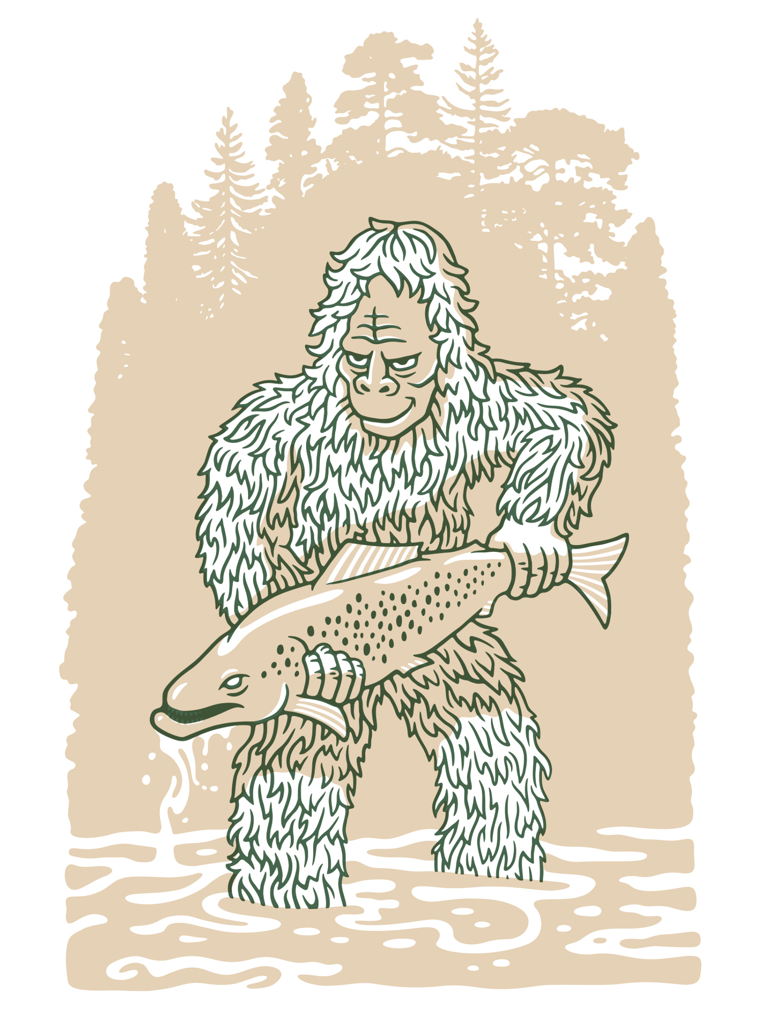 illustration of bigfoot standing in a creek holding a large fish