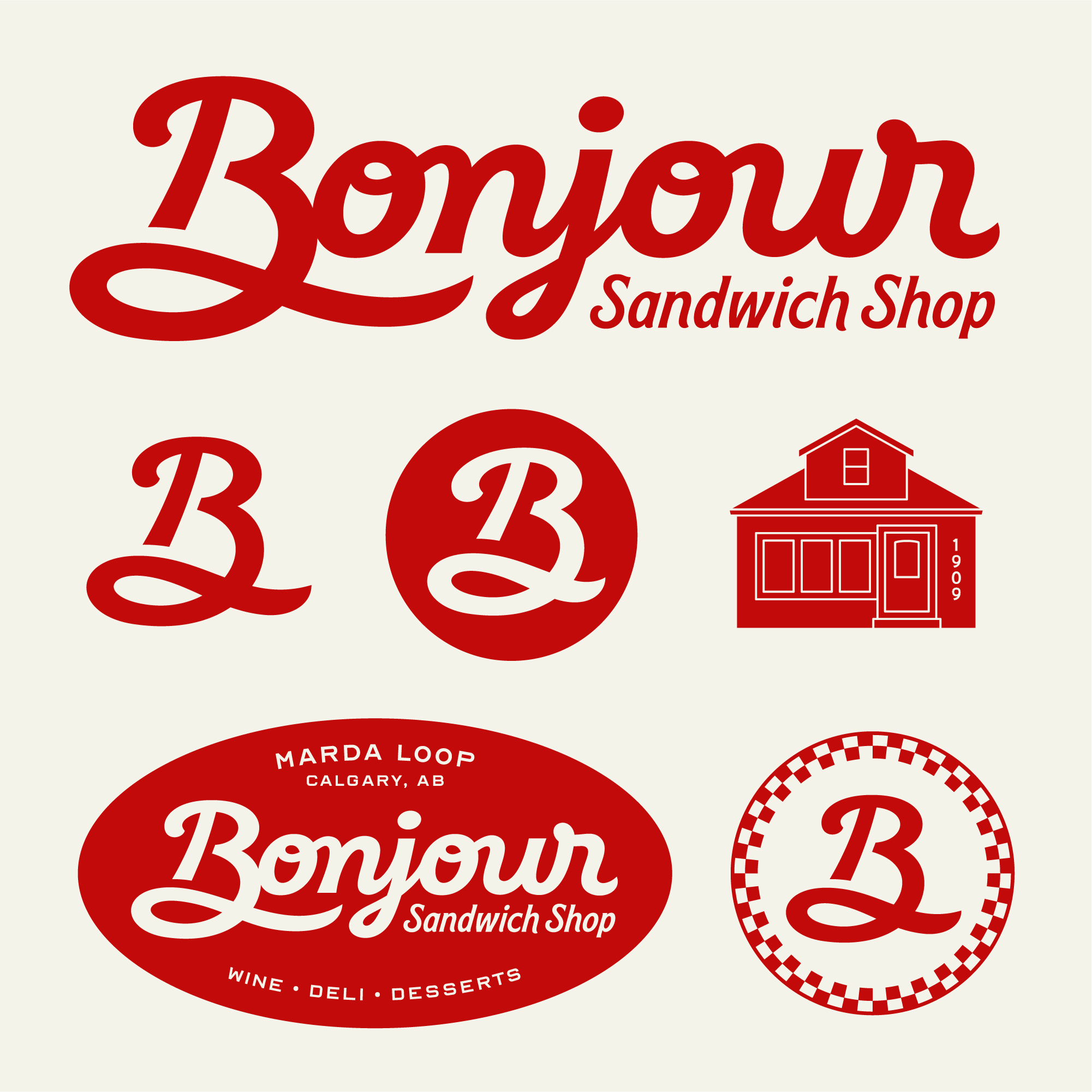 oval sign reading Bonjour Sandwich Shop