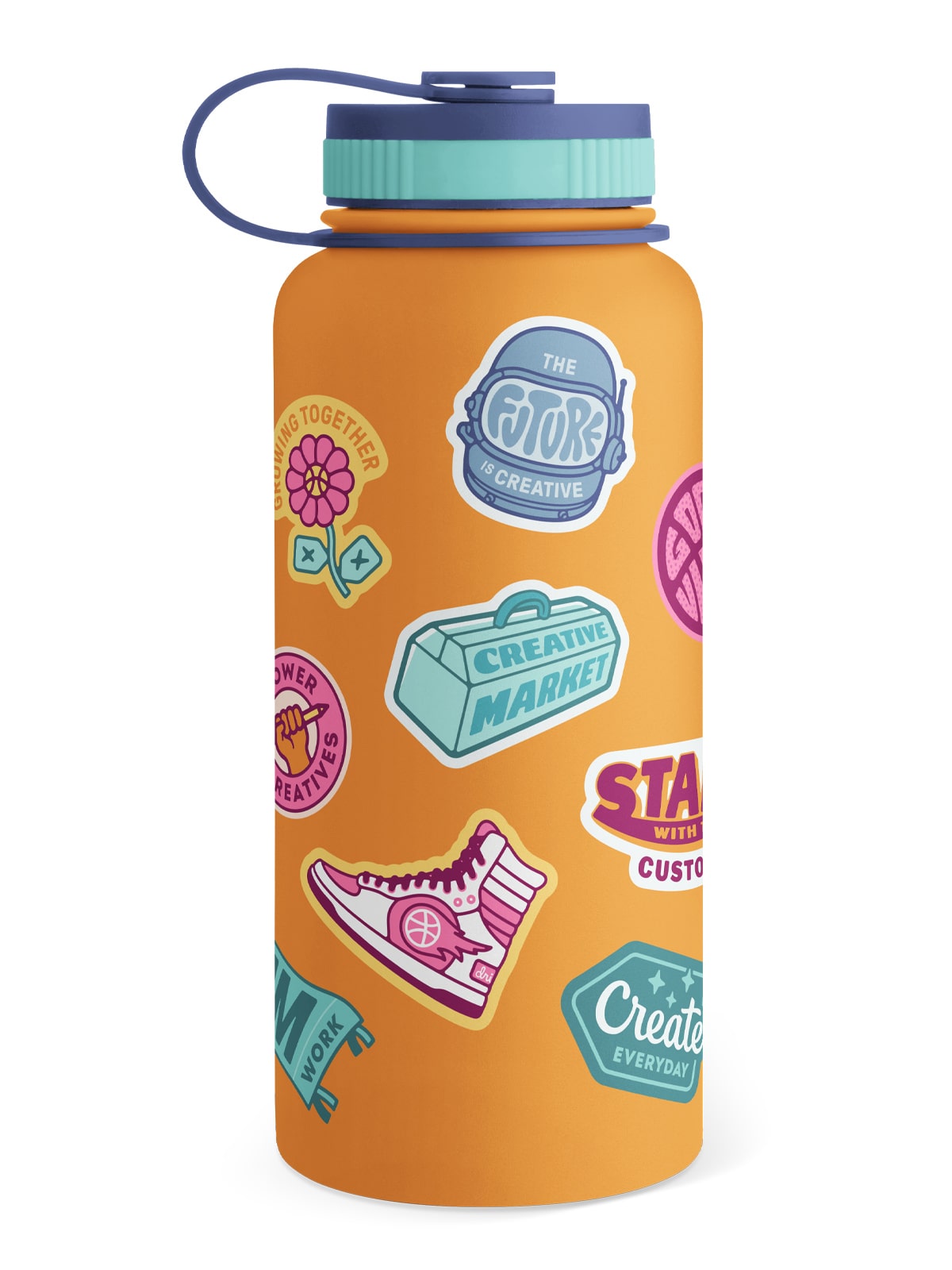 colorful water bottle with stickers on it
