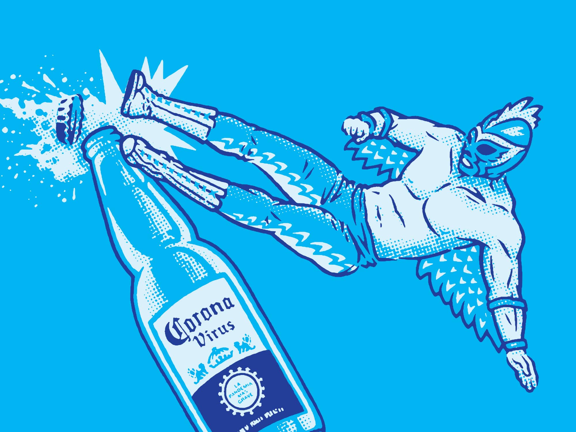 Illustration of a luchador jump kicking a Corona beer bottle