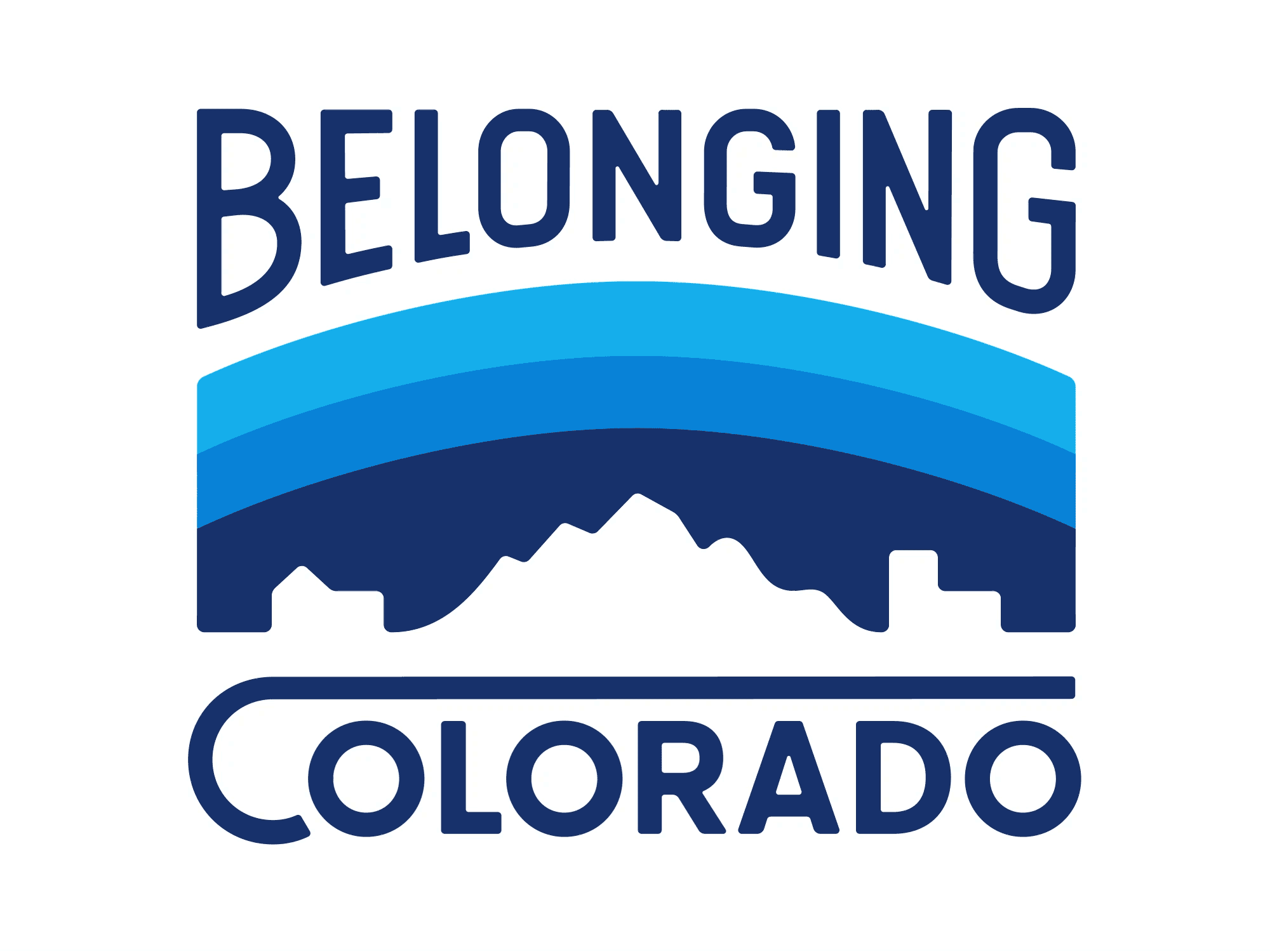 Logo with the words 'belonging colorado' with a mountain and city scene